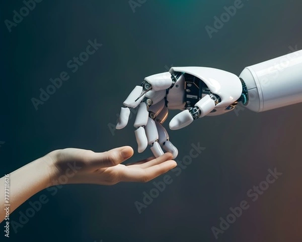 Obraz Robot hand and human hand touching, AI harmony and future of work
