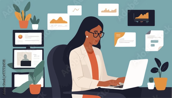 Fototapeta Efficient Elegance. A Busy Businesswoman's Workspace in Flat Vector Design.