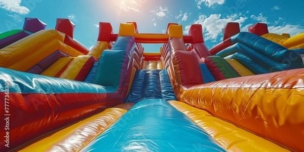 Fototapeta Colorful bouncy castle on the children's playground in the park