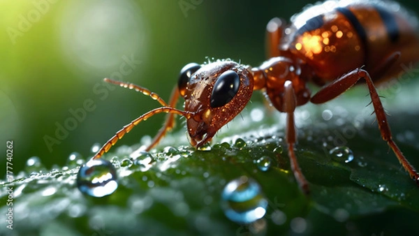 Fototapeta Nature's Tiny Miracle: Ant Sips Dewdrop on Leaf (Ultra-Realistic Digital Art)