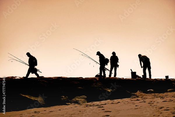 Obraz Silhouette of 4 fishermen along the stone breakwater at the inlet at Ocean City MD. 2 men with fishing poles and gear head for their favorite fishing spot along the rocks. Atlantic Ocean
