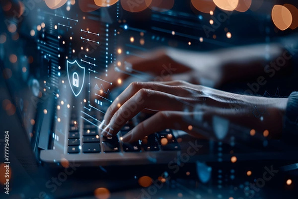 Fototapeta A person's hands are typing on their laptop with an abstract digital shield and keyhole icon hovering above a keyboard. Concepts of network security, private access, and data protection. 