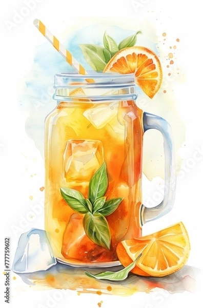 Fototapeta Illustration of Fresh Orange Water in a Mason Jar Glass with Ice and a Straw