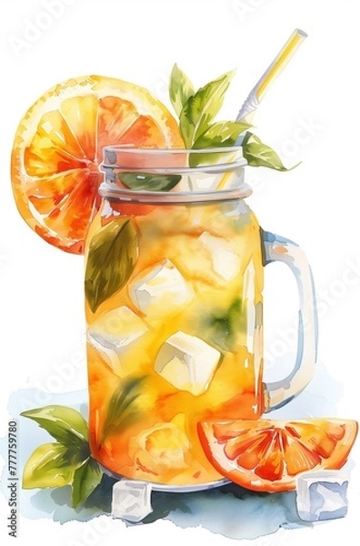 Fototapeta Illustration of Fresh Orange Water in a Mason Jar Glass with Ice and a Straw