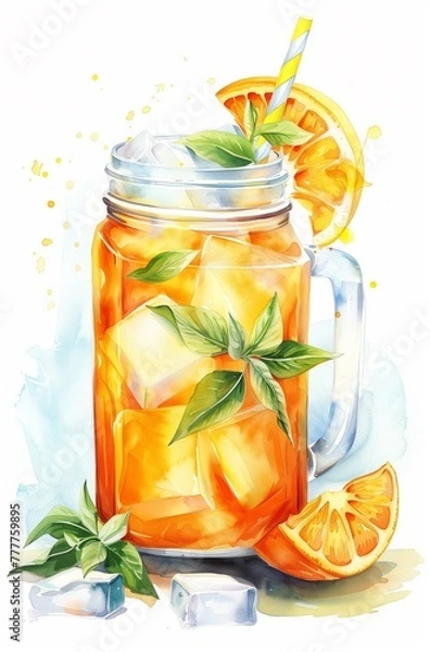 Fototapeta Illustration of Fresh Orange Water in a Mason Jar Glass with Ice and a Straw