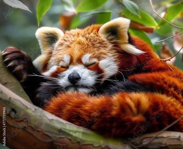 Fototapeta Cute Red Panda: Adorable Portrait of a Red Panda Sleeping in a Tree