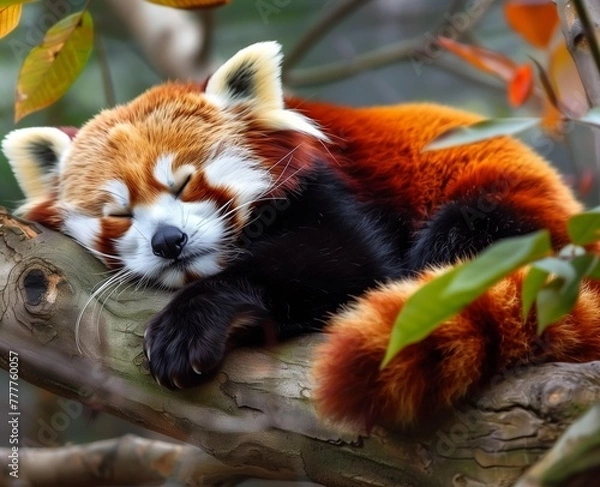 Fototapeta Cute Red Panda: Adorable Portrait of a Red Panda Sleeping in a Tree