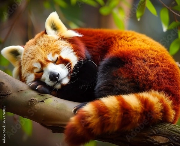 Fototapeta Cute Red Panda: Adorable Portrait of a Red Panda Sleeping in a Tree