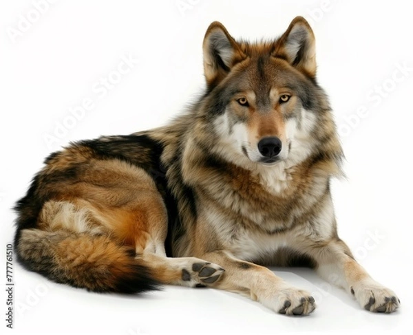 Fototapeta Lone Guardian: A Photorealistic Portrait of a Gray Wolf Resting Against a White Background