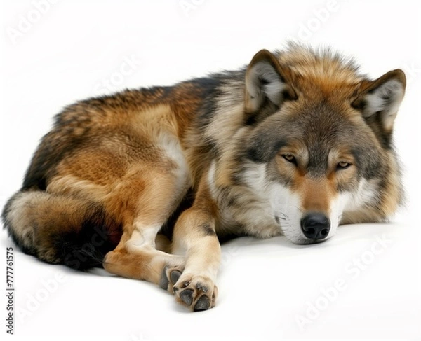 Fototapeta Lone Guardian: A Photorealistic Portrait of a Gray Wolf Resting Against a White Background