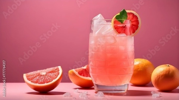 Fototapeta with fruit Cocktail and grapefruit with ice set against a pink backdrop