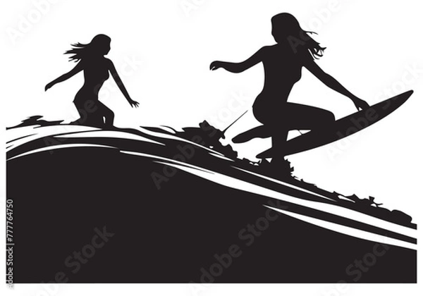 Obraz Black surfers with surfboards vector silhouettes set isolated on white background