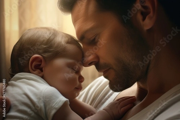 Fototapeta In the bedroom, a heartwarming scene of father and baby, epitomizing the joys of parenthood.