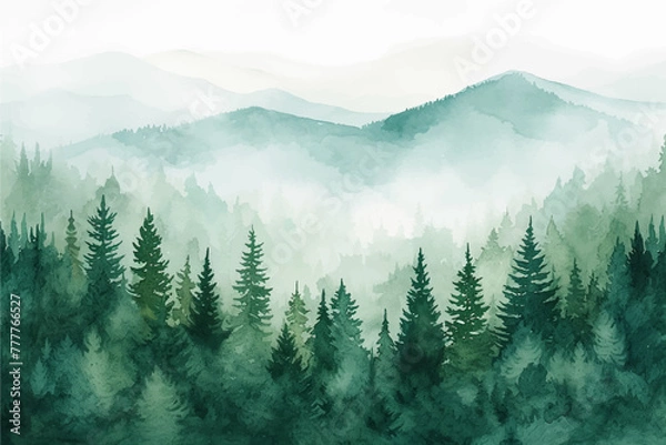Fototapeta Watercolor forest hill landscape background. Beautiful watercolor nature landscape with forest, trees, nature and sky. Watercolor illustration design elements for landscape background and wallpaper.