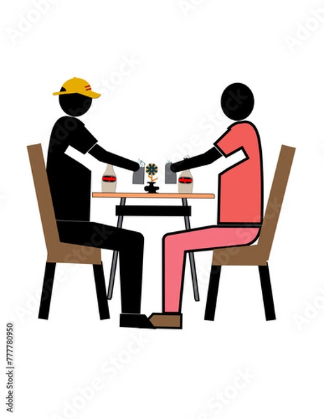 Fototapeta Two men sitting at a table with a flower vase in the middle