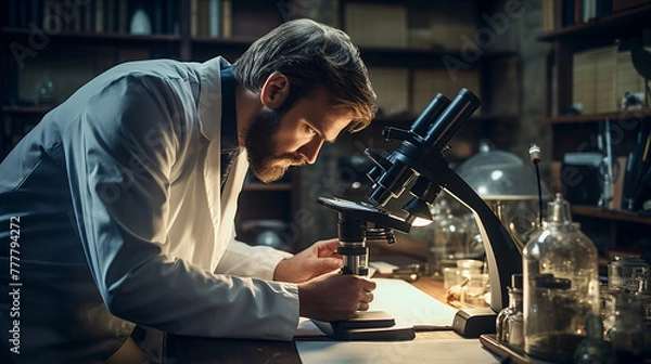 Fototapeta Scientist studying in microscope. Generative AI.