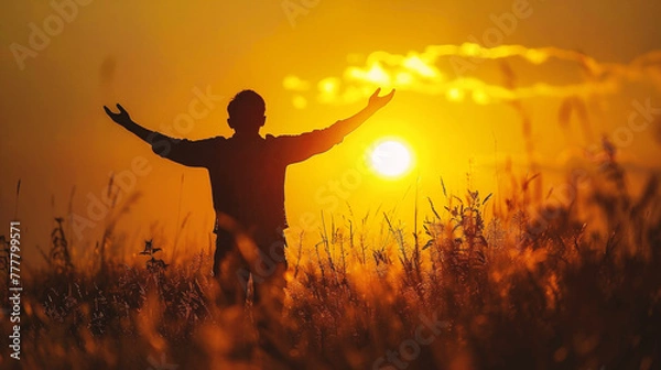 Fototapeta Silhouette of a man with raised hands in the field at sunset