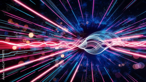 Fototapeta Vibrant neon lights, dynamic patterns and constantly moving energy. A look that evokes innovation, technology and creativity. Ideal for projects that seek visual impact and cybernetic aesthetics.