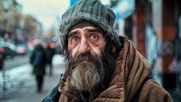 Fototapeta Homeless person on urban street - A homeless individual is wrapped in blankets on a busy city street, highlighting issues of poverty and social inequality