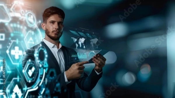 Fototapeta Businessman holding virtual technology interface panel