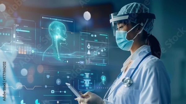 Fototapeta Medical technology, doctor use AI technology with virtual panel dashboard