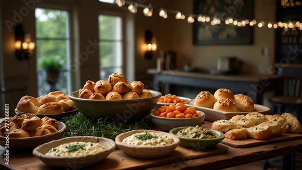 Obraz Upon the table sits bread alongside an artichoke dip, awaiting eager indulgence