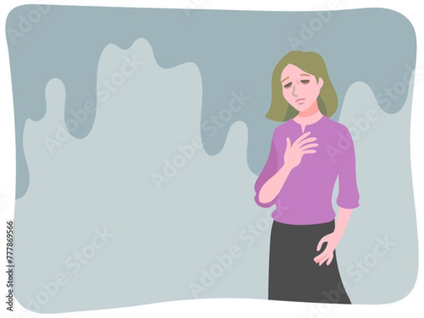 Obraz うつ病で気持ちが落ち込み胸に手を当てて考え込んでいる若い女性とどんよりと暗い心象風景の背景