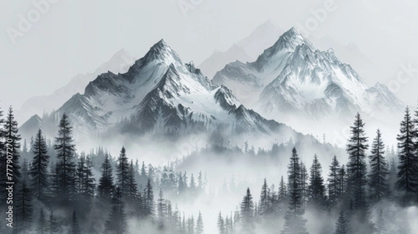 Obraz Mountain with pine trees and landscape black on white background. Hand drawn rocky peaks in sketch style. Vector illustration.