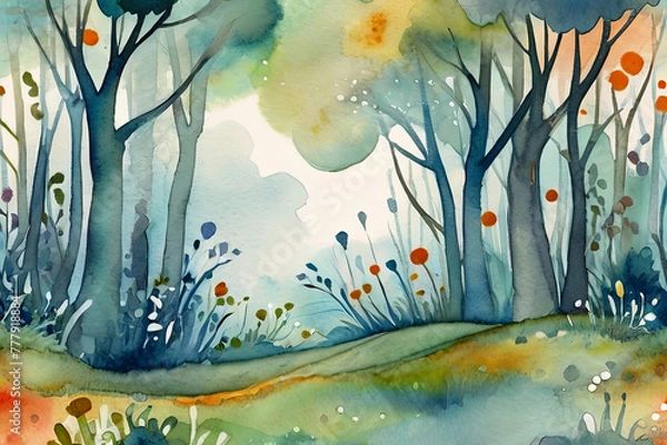 Fototapeta Dive into a whimsical watercolor background, ideal for children's book illustrations or enchanting storytelling adventures.