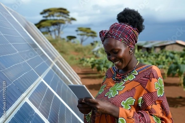 Fototapeta A joyful African woman using a digital tablet next to solar panels in a rural setting.