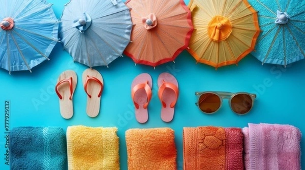 Fototapeta Top view of summer beach accessories arranged on a blue background, featuring colorful flip-flops, towels, sunglasses, and decorative sea stars and shells.