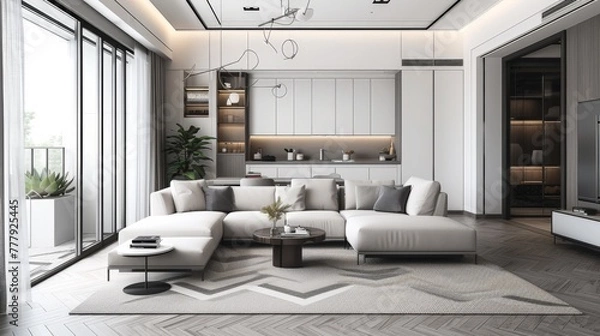 Fototapeta In a monochrome living room with wood and grey tiling accents, a chic chevron pattern rug serves as the focal point, adding visual interest and dimension to the space