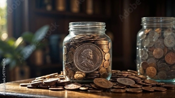 Fototapeta Wealth in a Coin Jar Overflowing with Coins