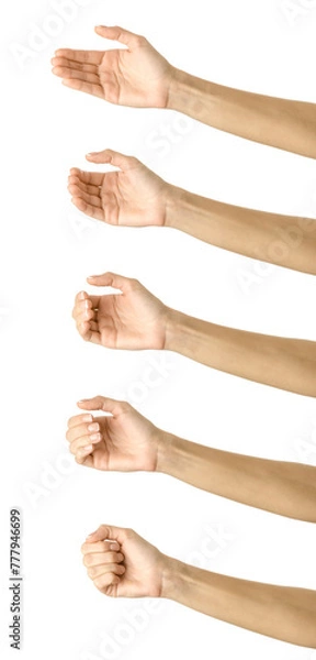 Fototapeta Hand pinching, holding or measuring something gesture. Multiple images set of female caucasian hand with french manicure pinching, holding or measuring something