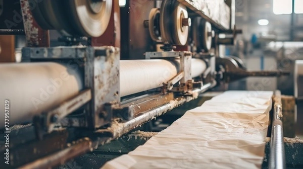 Fototapeta Industrial paper processing line with large rolls and machinery producing a continuous sheet of paper in a factory setting.