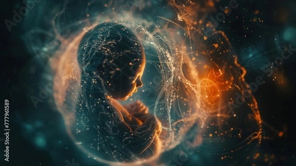 Fototapeta Digital art of a fetus in a cosmic setting, symbolizing the birth of a new life within the universe.
