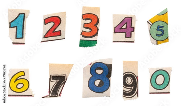 Fototapeta Ransom comics font type numbers from printout comics, HQ, cutout, collage element for graphic design, png isolated on transparent background	