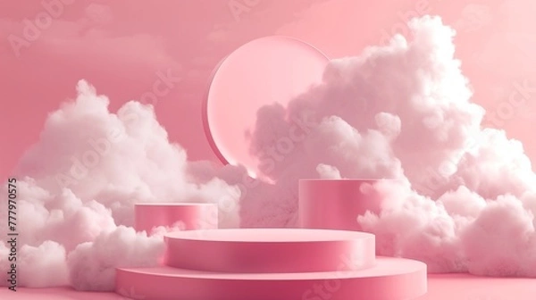 Fototapeta Pink Colored Theme Podium with Sky and Clouds