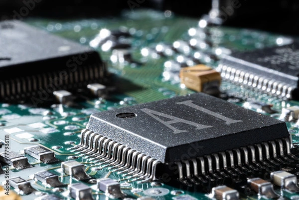 Fototapeta Computer circuit board with AI printed on one of the silicon chips