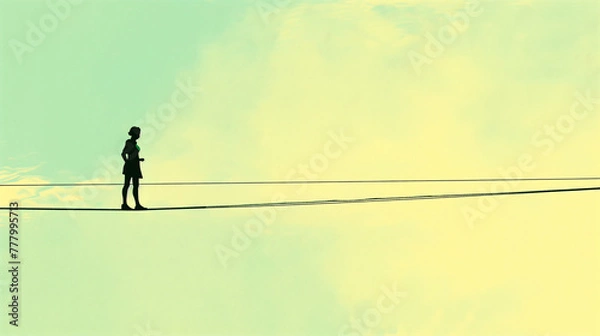 Fototapeta Balancing Act, a person walking a tightrope, representing the delicate balance required in life or business