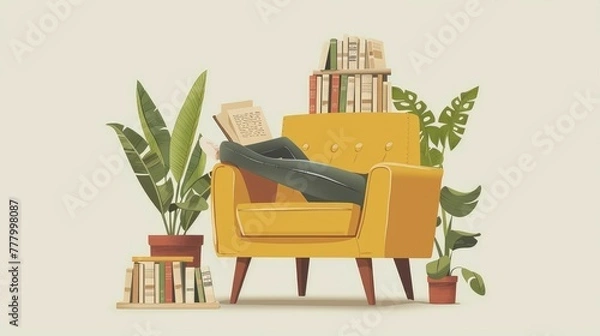 Fototapeta Cozy Reading Nook with Stacked Books for Self Improvement and Personal Growth in a Peaceful Modern Interior Setting