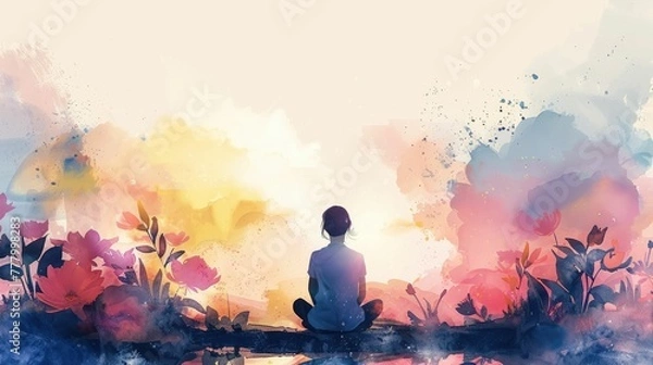 Fototapeta Peaceful Meditation in a Serene Watercolor Landscape of Blended Wellness Themes