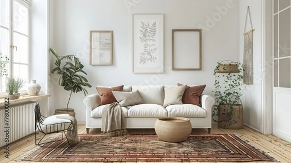 Fototapeta A living room with a white couch, a rug, and a potted plant. The room has a modern and minimalist design