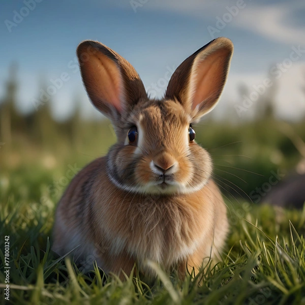 Obraz a rabbit with big eyes sitting in the grass, a very cute rabbit with big ears on some grass