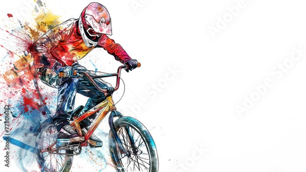 Fototapeta Colorful watercolor painting of BMX bicycle motocross player in action