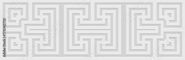 Fototapeta Banner. Relief geometric elegant 3D pattern on a white background. Ornamental cover design, Greek meander style. Vintage ethnic motifs of the East, Asia, India, Mexico, Aztec, Peru.
