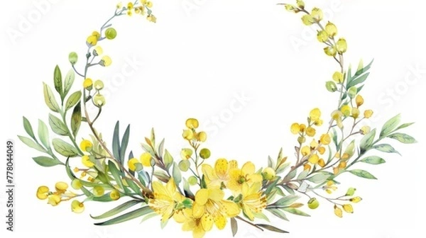 Fototapeta Watercolor wreath of delicate mimosa and freesia in a teardrop frame, professional design,