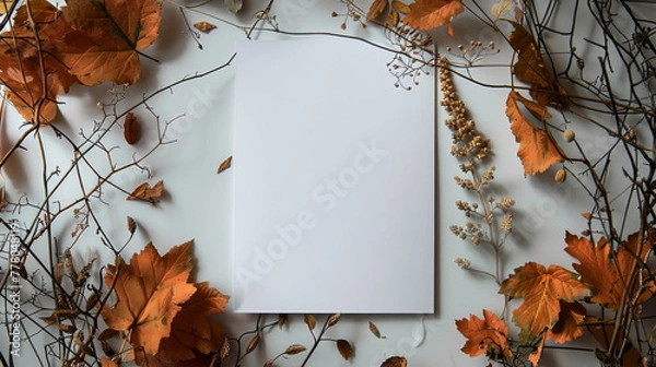 Fototapeta top view of dry flowers and orange leaves and white card with copy space