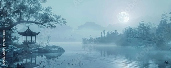 Obraz Winter, island, moon, pavilion, flowing river, stone, nature, and Chinese design of landscapes