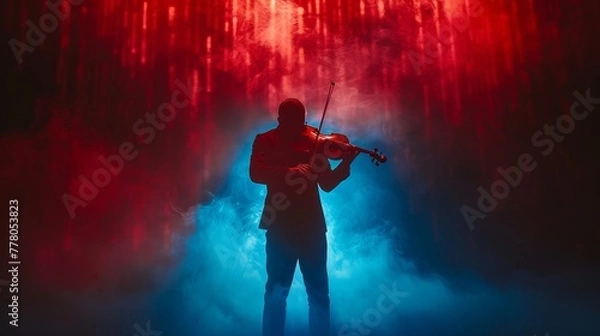 Fototapeta A man is playing a violin in a dark room with smoke. Scene is mysterious and dramatic